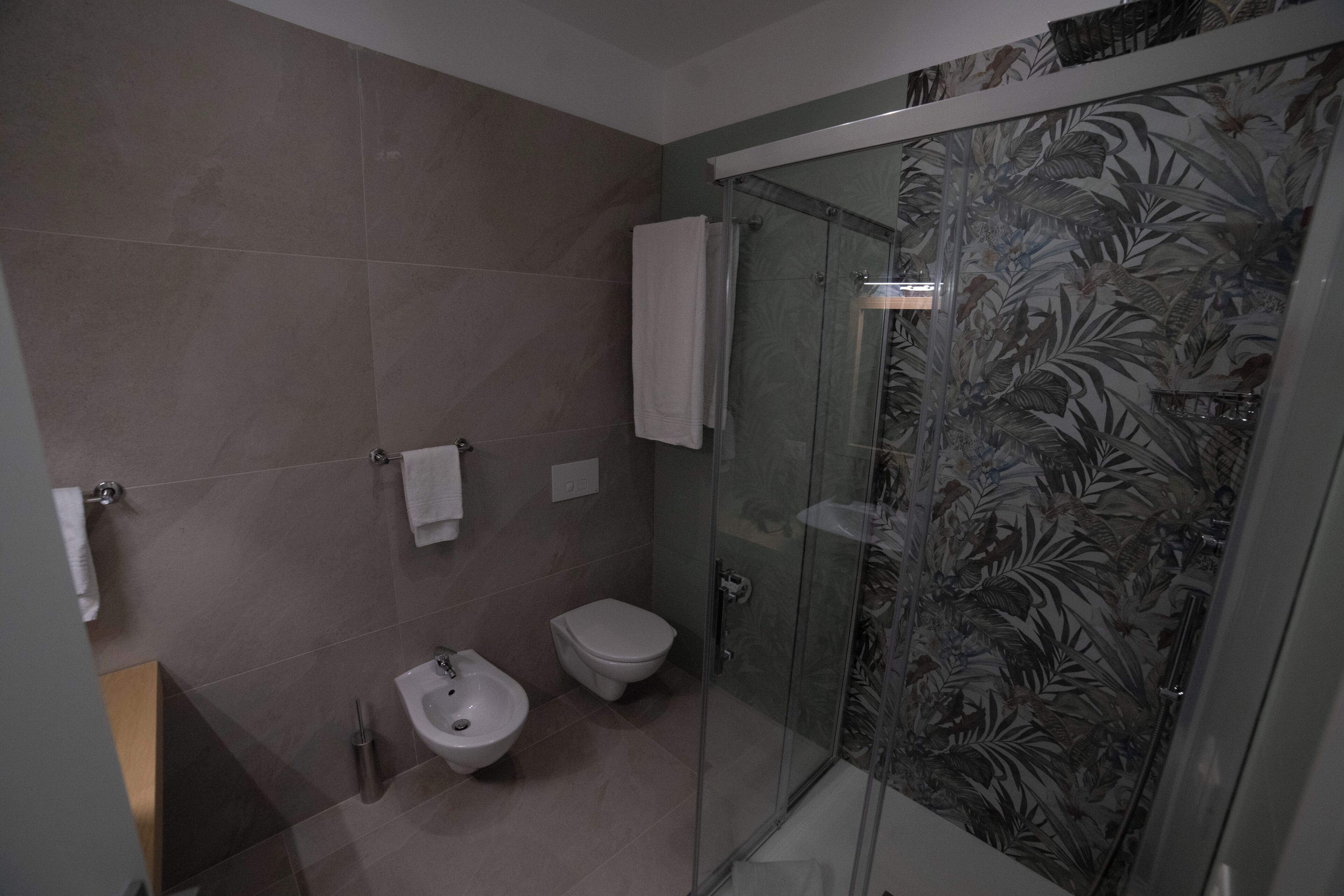 Une salle de bain moderne avec une douche à parois de verre, un bidet et des toilettes.