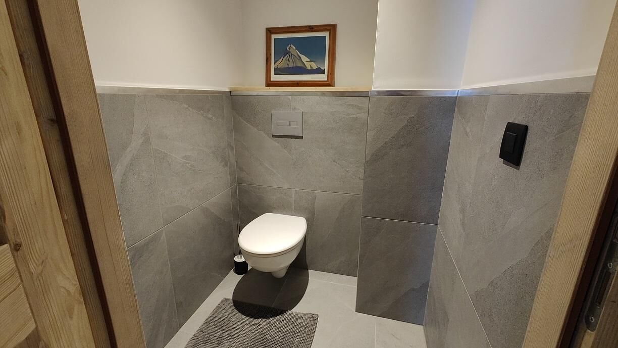 Ein kleines, modernes Badezimmer mit Toilette, einem Händetrockner und einem Bild an der Wand.
