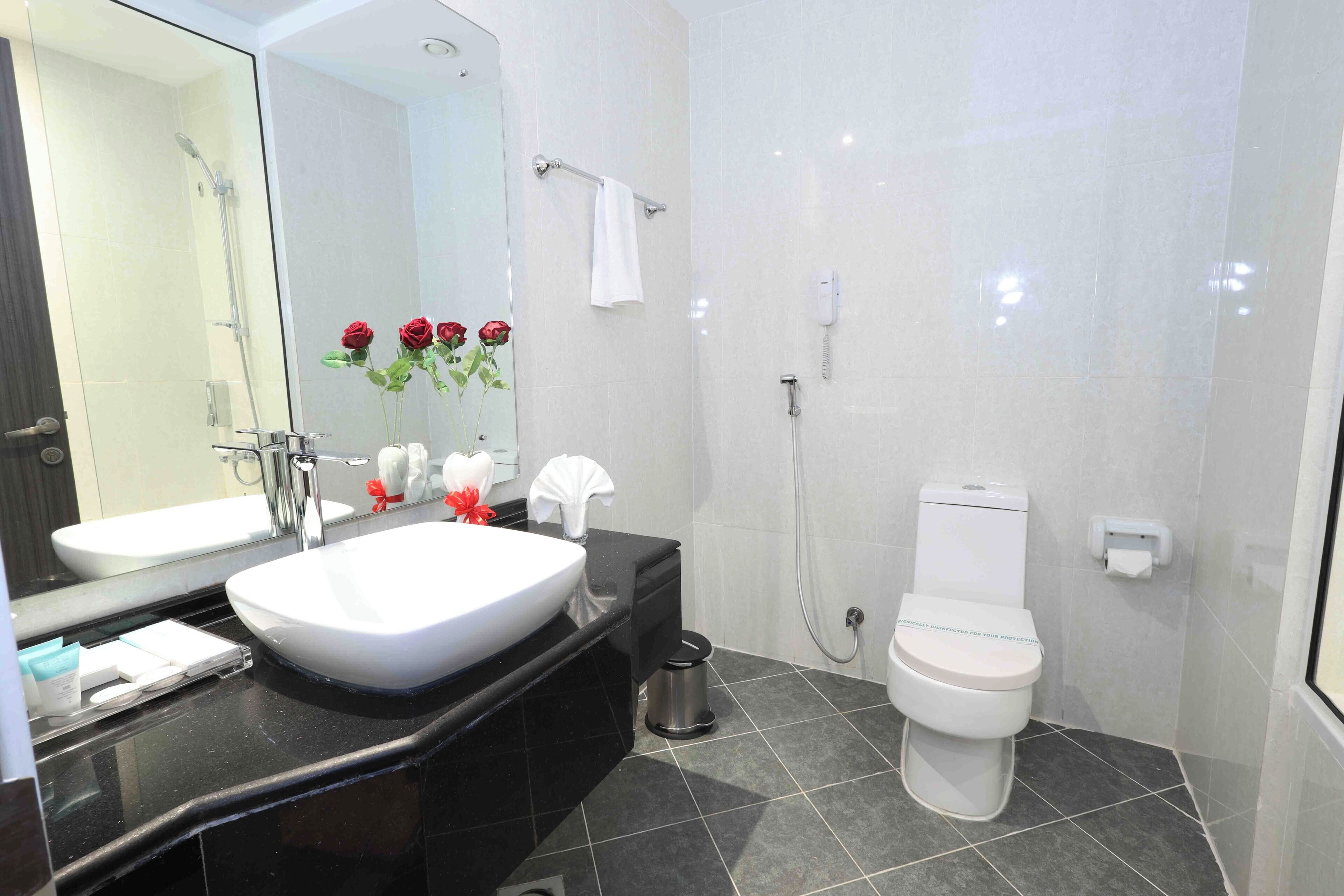 Une salle de bain moderne avec un grand miroir, un lavabo blanc et des toilettes. Deux roses rouges sont disposées dans un vase sur le comptoir.