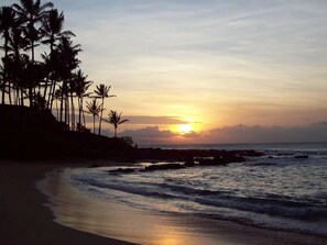 En la playa, camastros y toallas de playa 