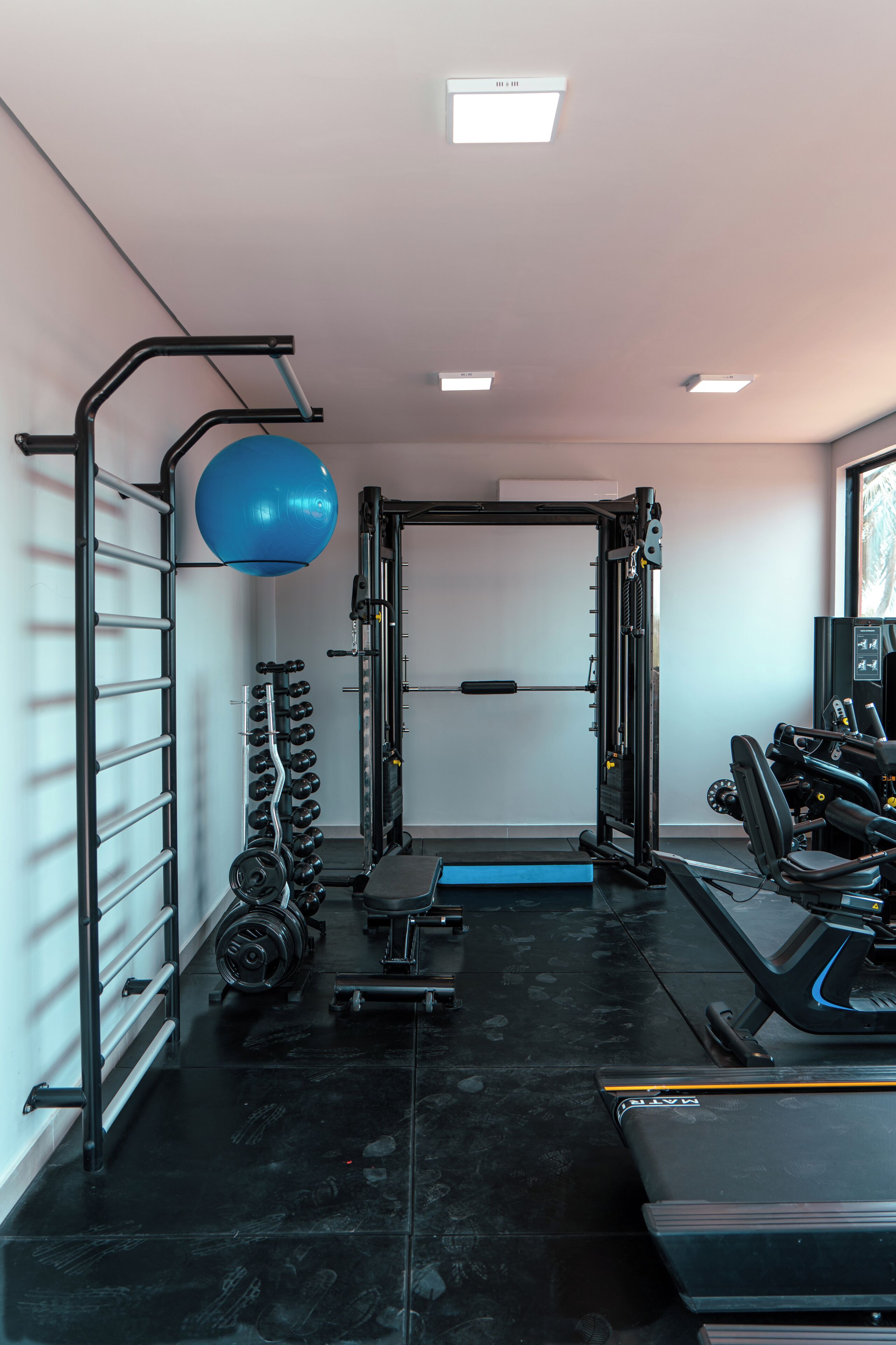 Un gimnasio con barra de dominadas, un soporte para pesas, mancuernas, un banco y una cinta de correr.