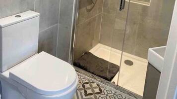 Shower, hair dryer, towels, toilet paper