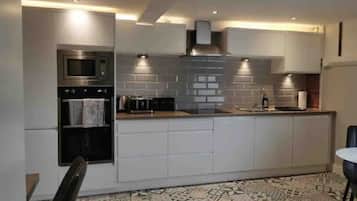Fridge, microwave, oven, electric kettle