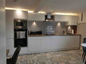 Fridge, microwave, oven, electric kettle