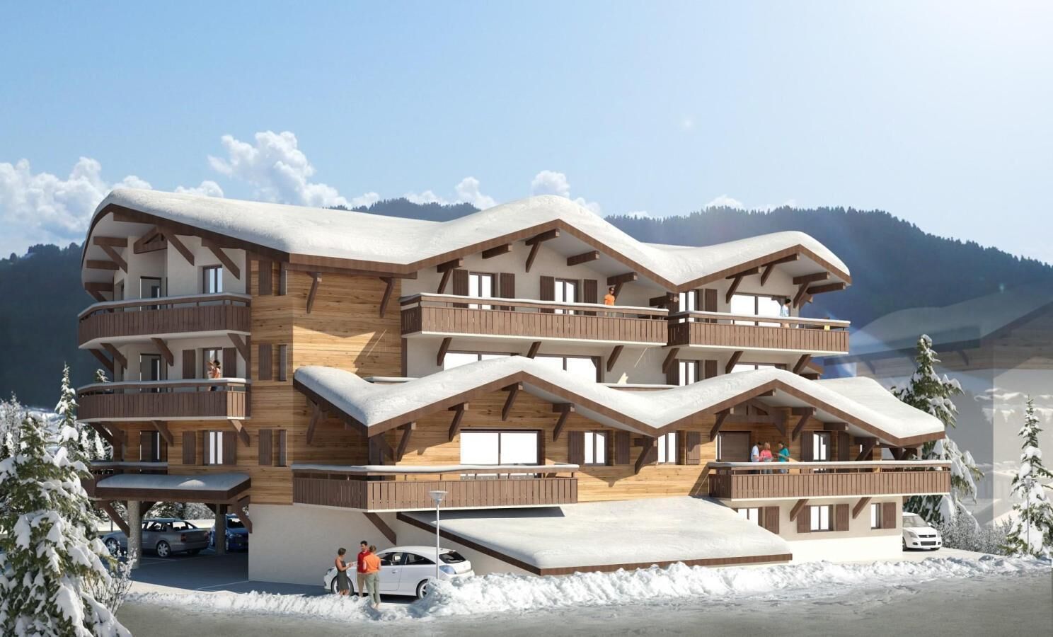 Un hotel de varios pisos con balcones, una pista de esquí al fondo y un paisaje nevado.
