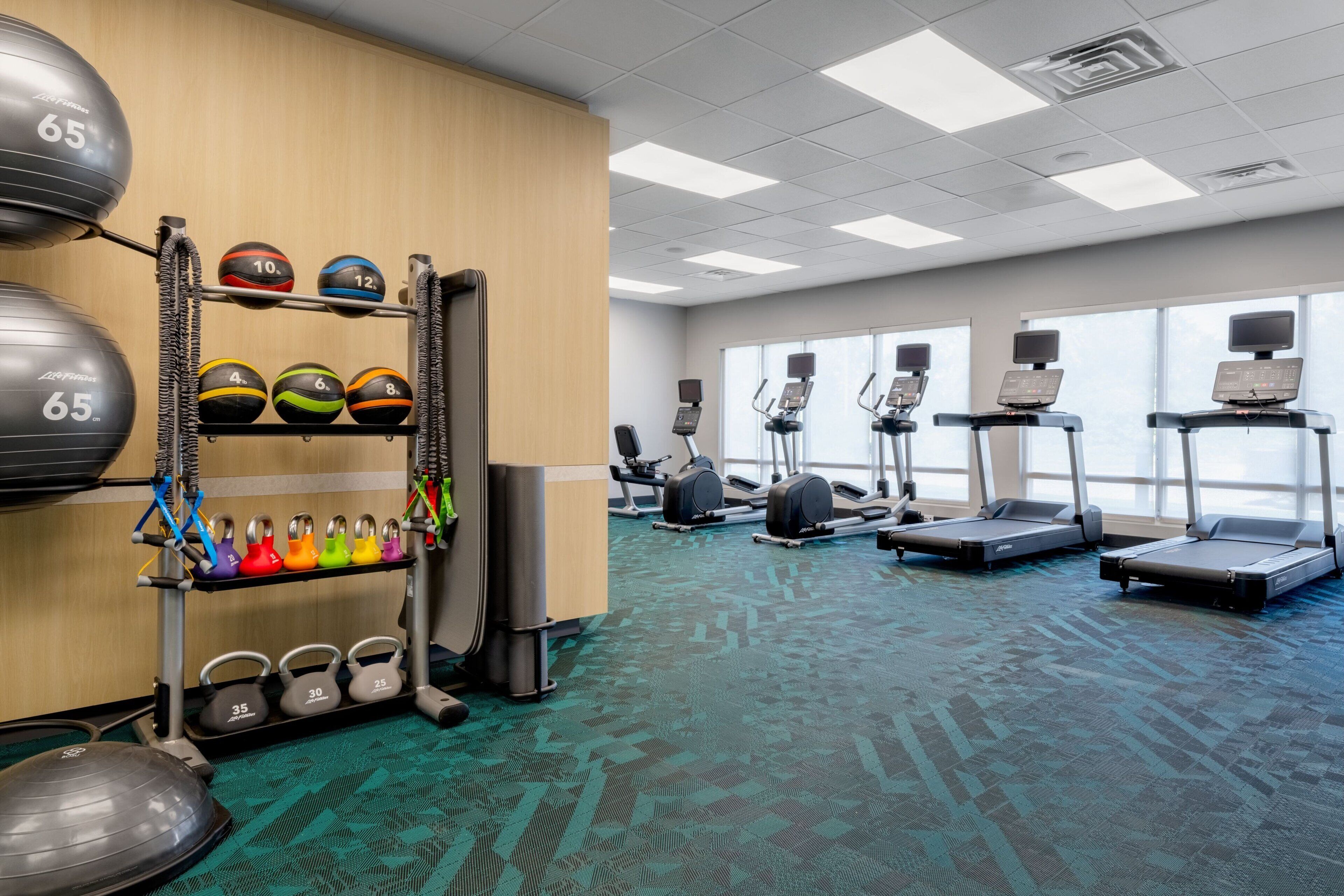 A gym with treadmills, elliptical machines, a weight rack, and a variety of dumbbells.