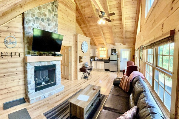 Smart-tv, een open haard, een dvd-speler en boeken