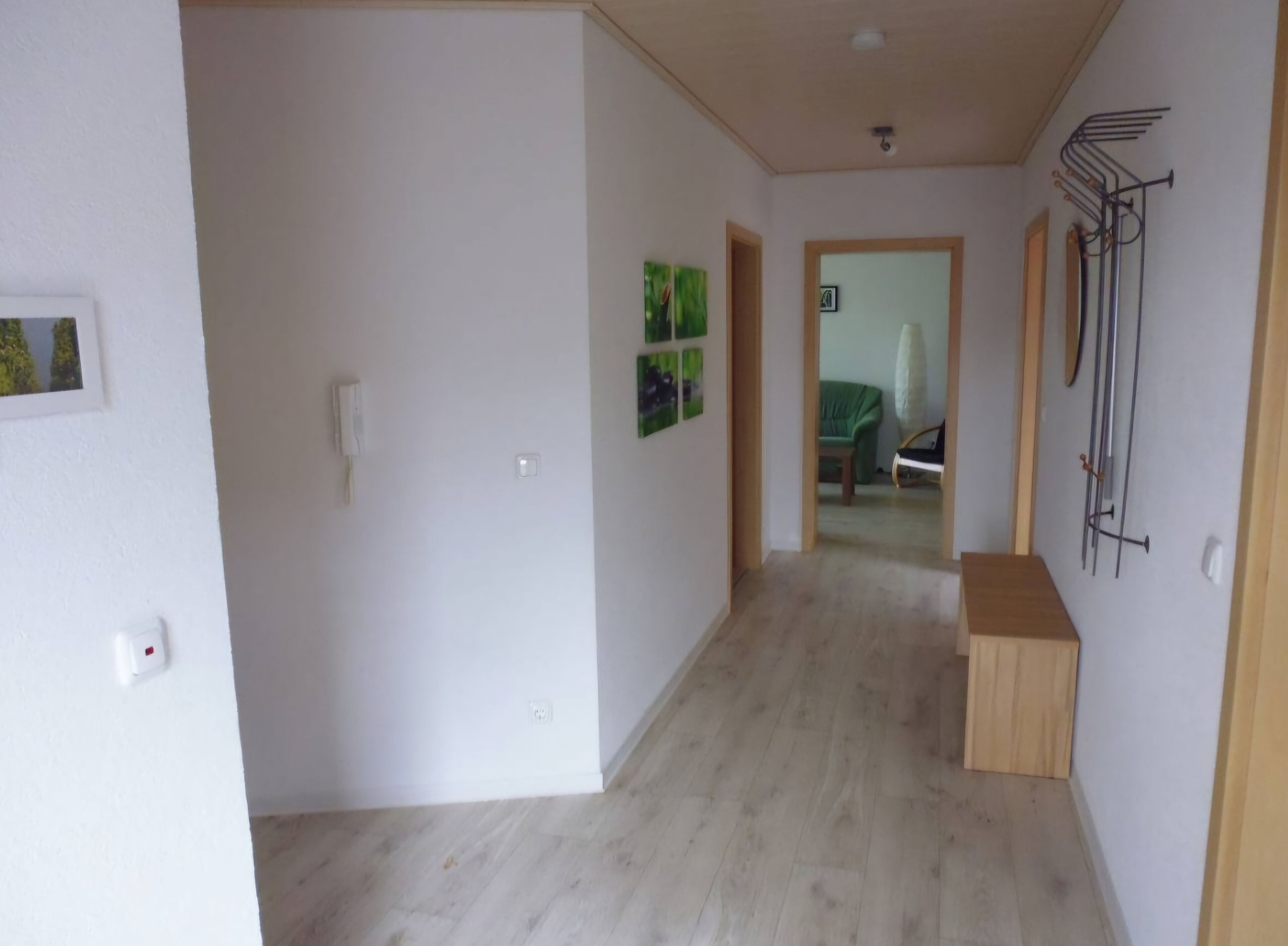 Un pasillo con paredes blancas, suelo de madera y una puerta que da a otra habitación. Hay interruptores de luz y un enchufe en la pared.