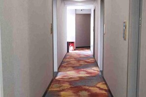 Un couloir étroit, orné d’un tapis à motifs, qui mène à une pièce dont la porte se trouve au fond.