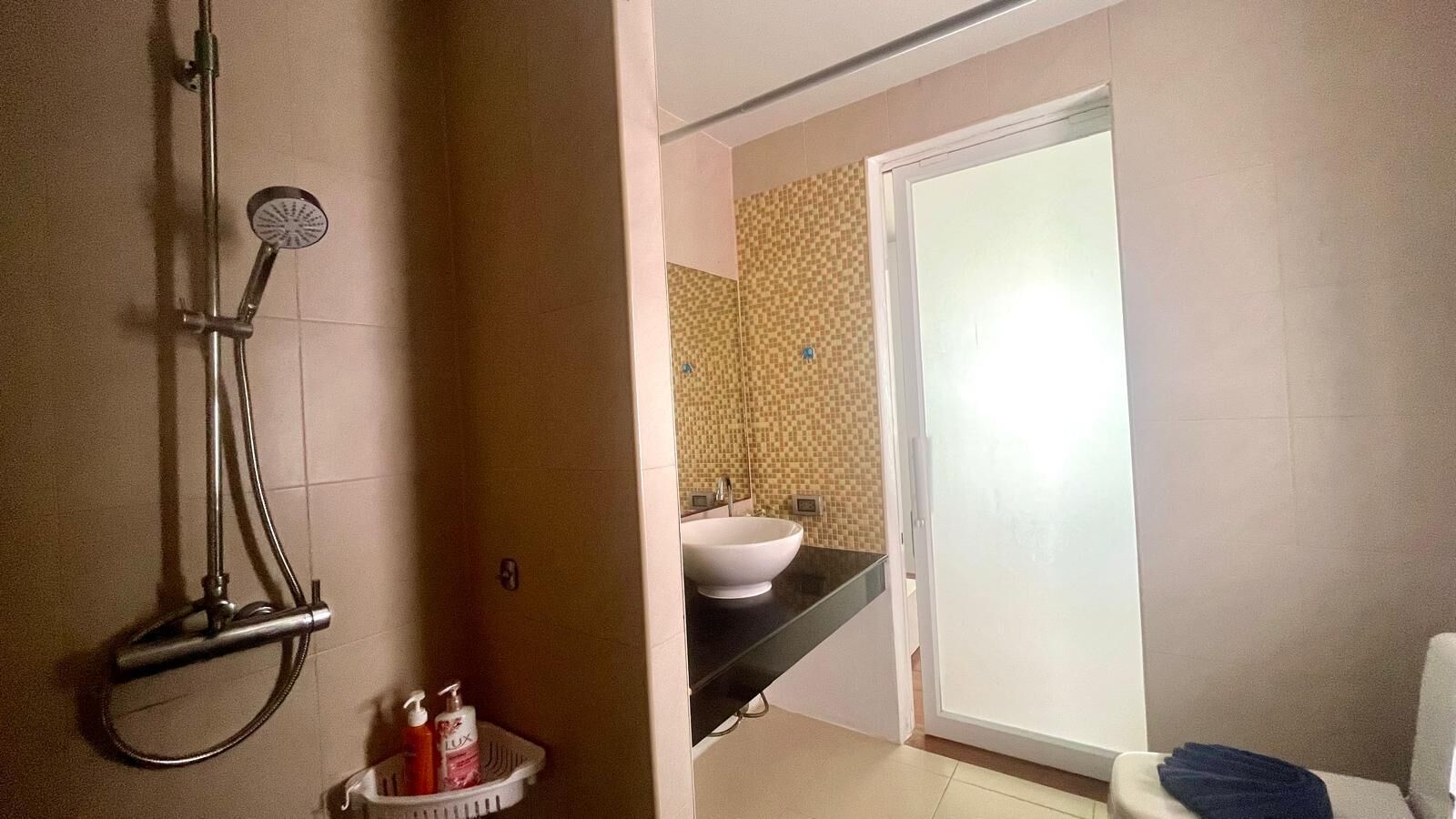 A bathroom with a shower, a sink, and a toilet.