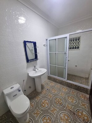 Regadera, secadora de cabello, toallas, jabón 