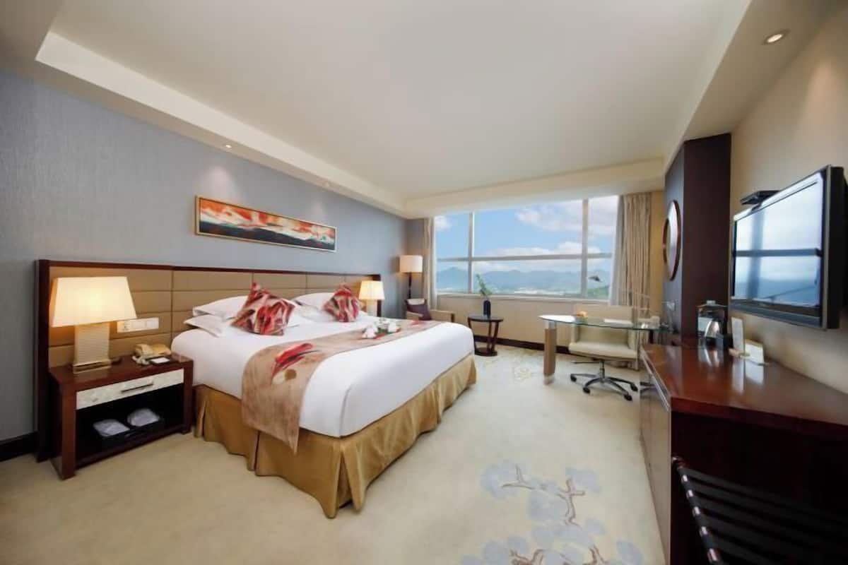 A hotel room with a bed, bedside table, lamp, desk, chair, TV, and a large window with a view.