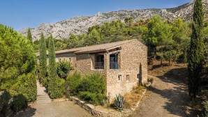 A stone house with a tiled roof, surrounded by trees and a mountain in the background. - Domaine Clément Sainte Victoire, 7ha of tranquility 17 km from Aix (Puyloubier)