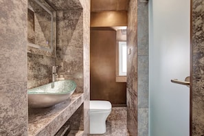 Hair dryer, towels, shampoo