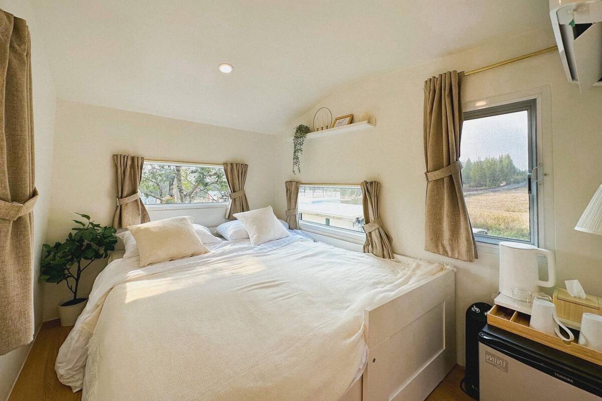 Une chambre à coucher avec un lit, une plante en pot, une fenêtre avec des rideaux, une table de chevet avec une lampe et un mini-réfrigérateur.