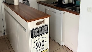 A kitchen with white cabinets, a microwave, a toaster, and a clock. There's a sign on the counter that reads "OCEAN Baigneade à 300 m AUTORISEE PLAGE DE L'OCEAN".
