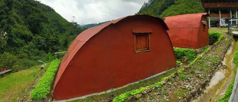 Un edificio de techo rojo con una pequeña ventana, rodeado de vegetación y un sendero de piedra.