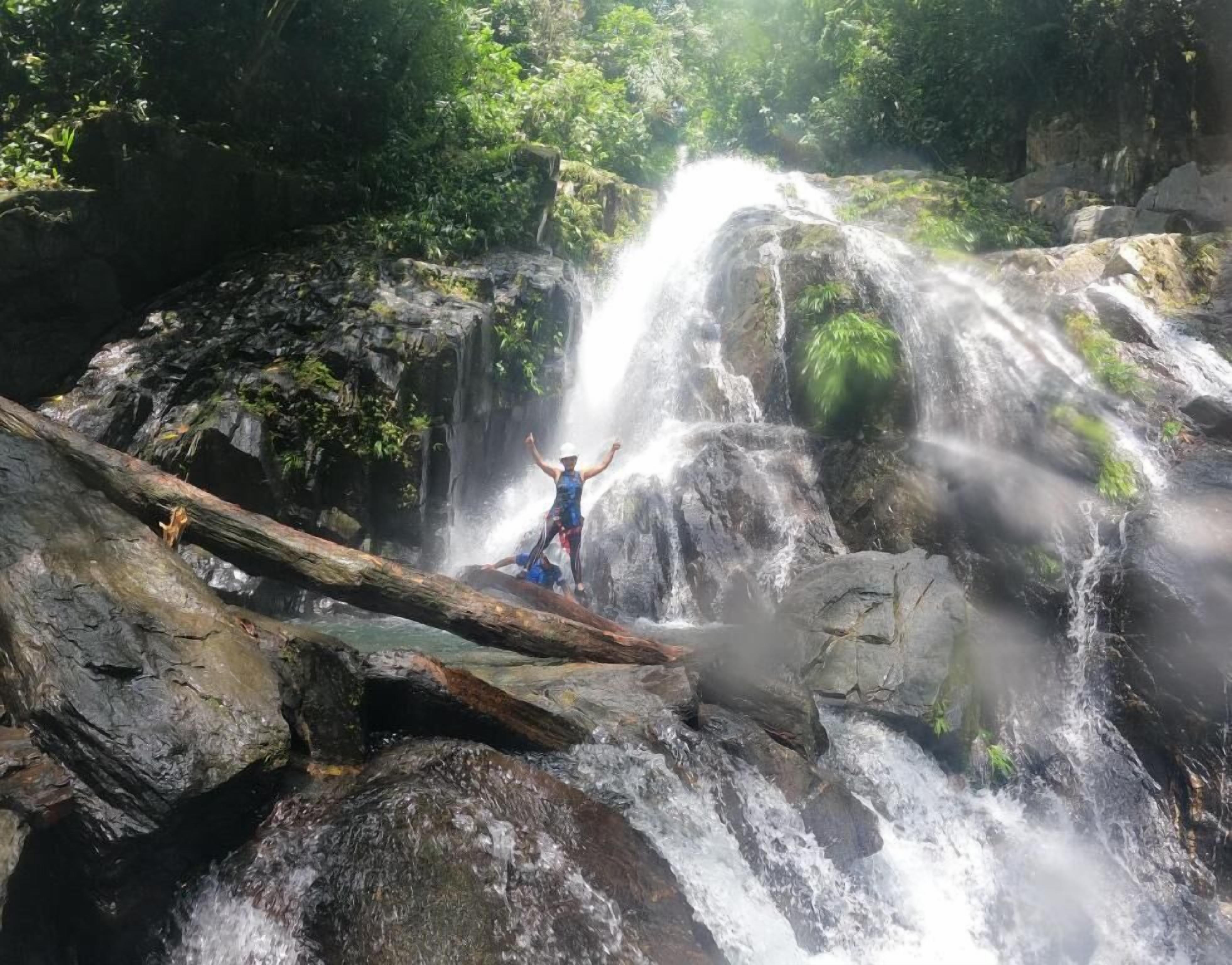 A waterfall in a forested area with a person standing on a fallen log.