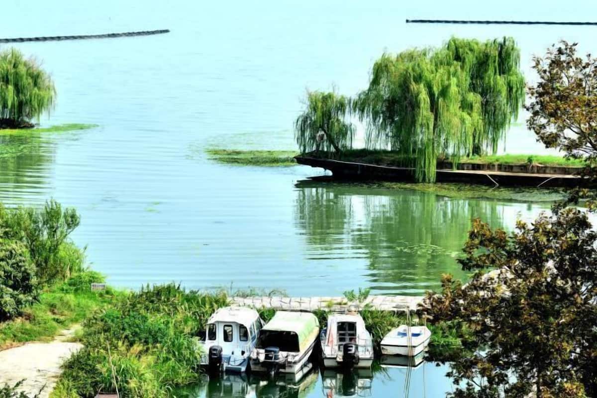 Ein ruhiger Fluss mit vertäuten Booten, einer Brücke und üppiger Vegetation.