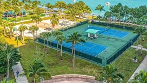 Un campo da tennis all'aperto circondato da palme e una zona spiaggia.