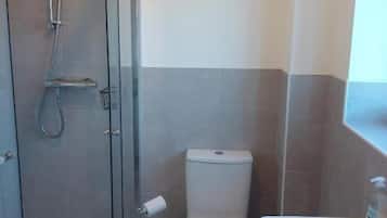 Shower, hair dryer, towels, toilet paper