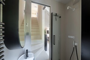 Shower, hair dryer, bidet, towels