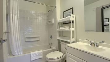 Hair dryer, towels, soap, toilet paper