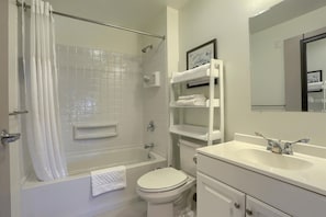 Hair dryer, towels, soap, toilet paper