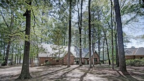 A rustic cabin surrounded by tall trees in a forest setting.