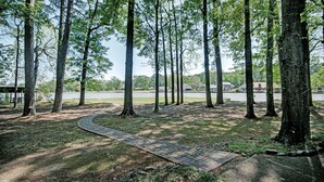 A park with a paved walkway, tall trees, and a body of water in the background.