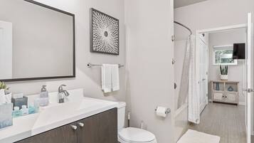Hair dryer, towels, soap, shampoo