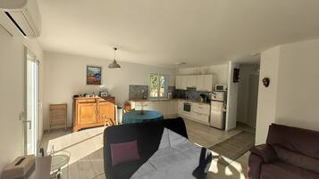 TV, DVD player, books, video library