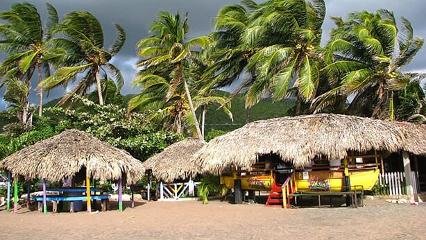 A beach with thatched-roof huts, palm trees, and a clear sky. - 1 Bedroom Blissful Retreat - A/C & Private Garden (Gravel Hill District)