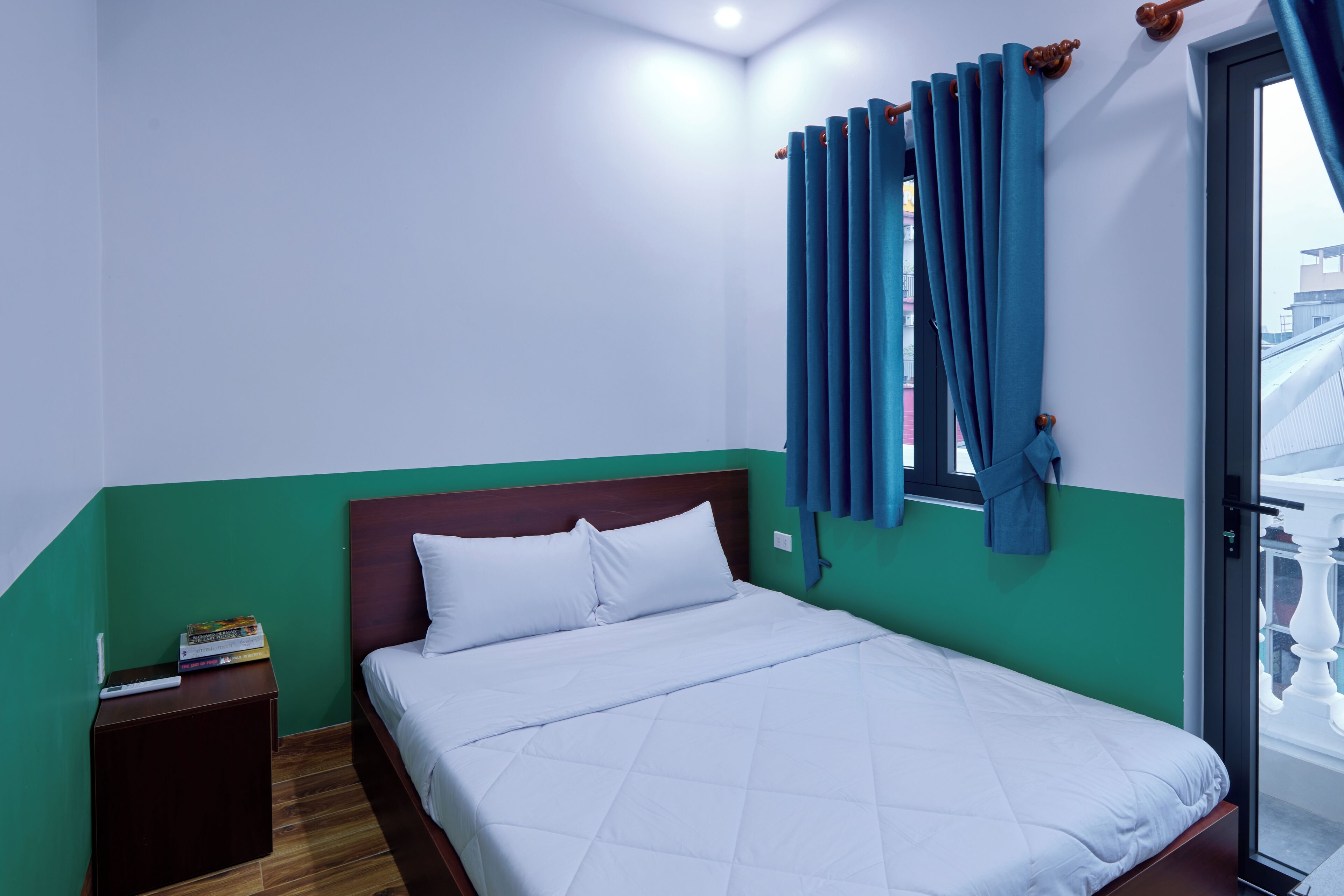 Premium bedding, memory foam beds, desk, laptop workspace