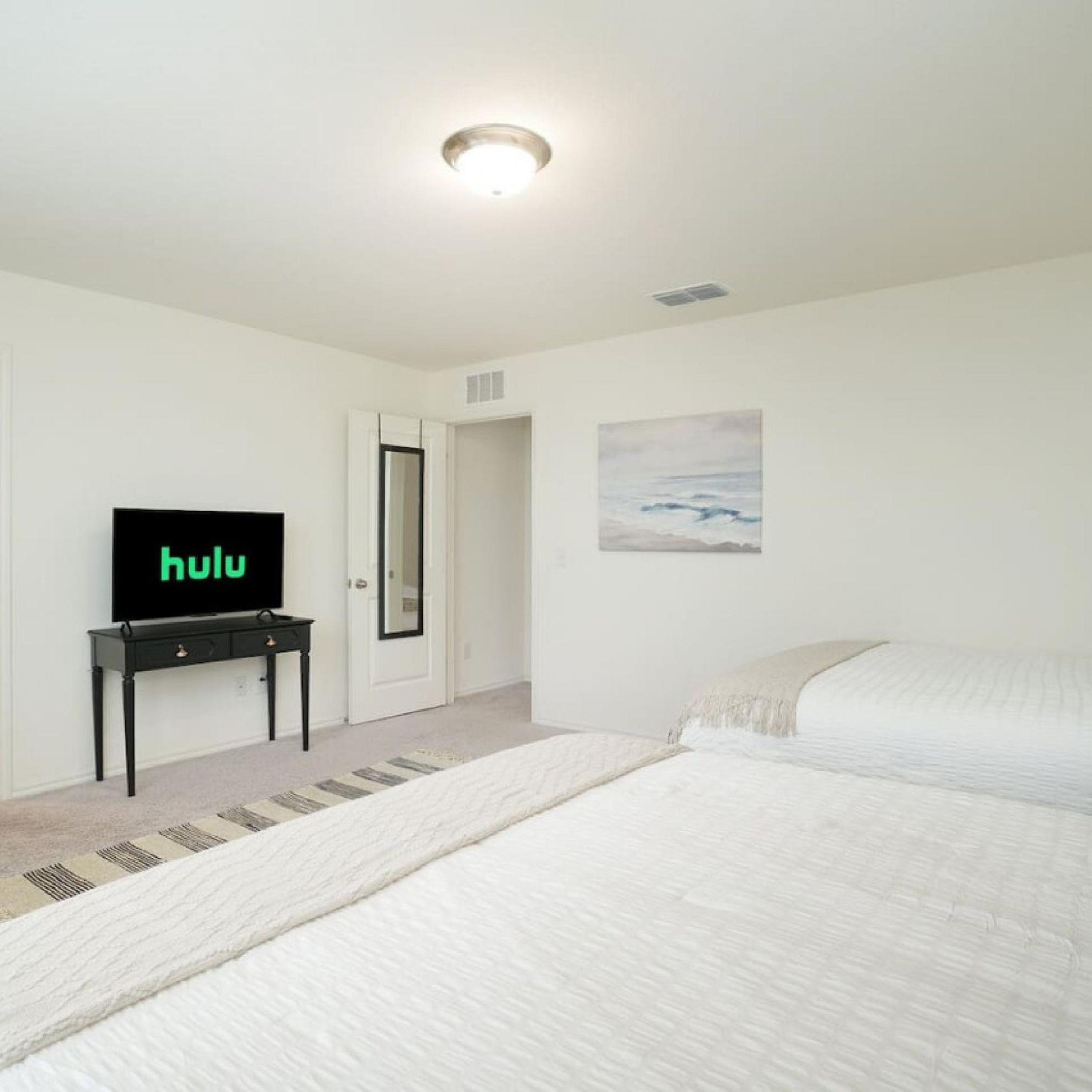 Un dormitorio con cama, televisor sobre un mueble, puerta y un cuadro en la pared.