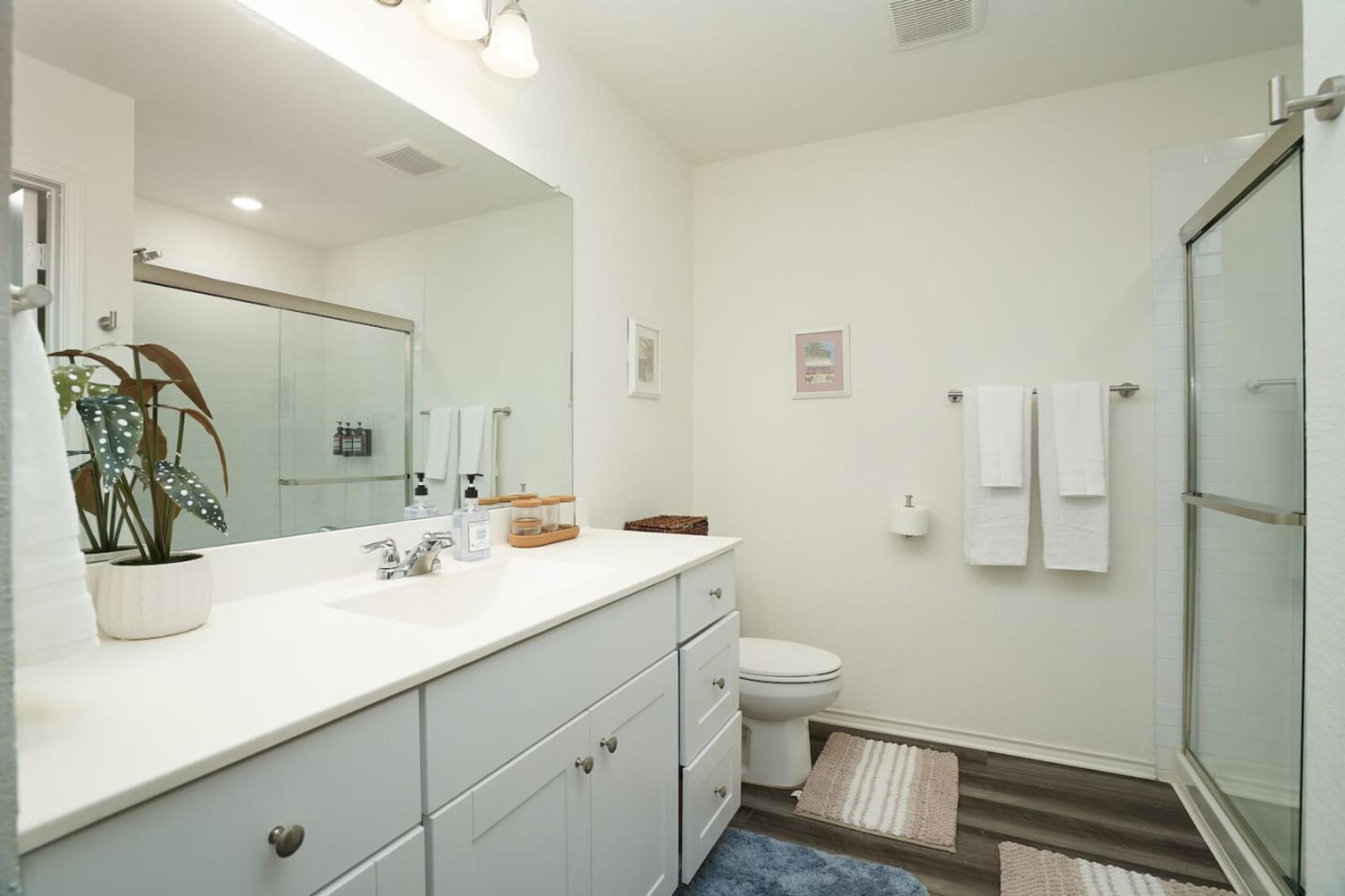 A modern bathroom with a white vanity, a large mirror, a toilet, and a glass shower enclosure.