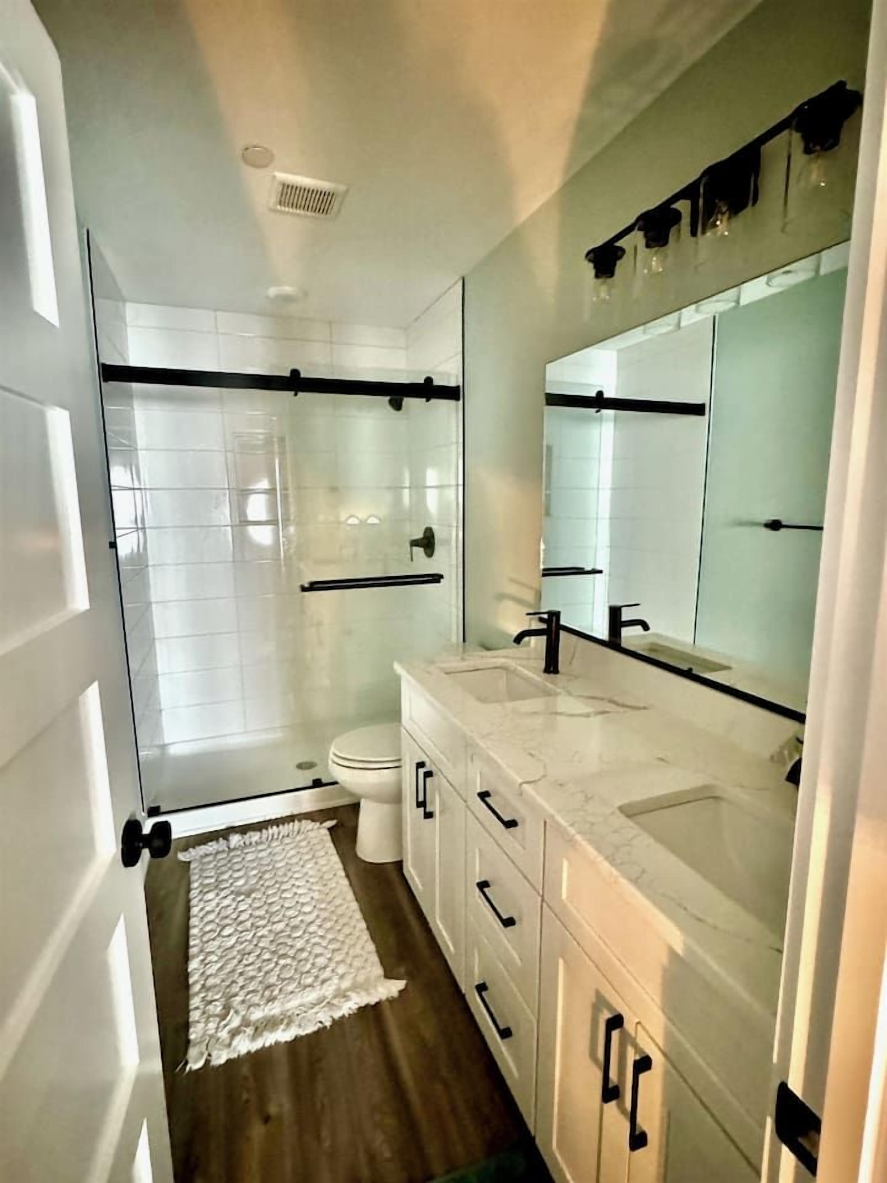 A bathroom with a glass shower enclosure, a white toilet, and a vanity with a mirror.