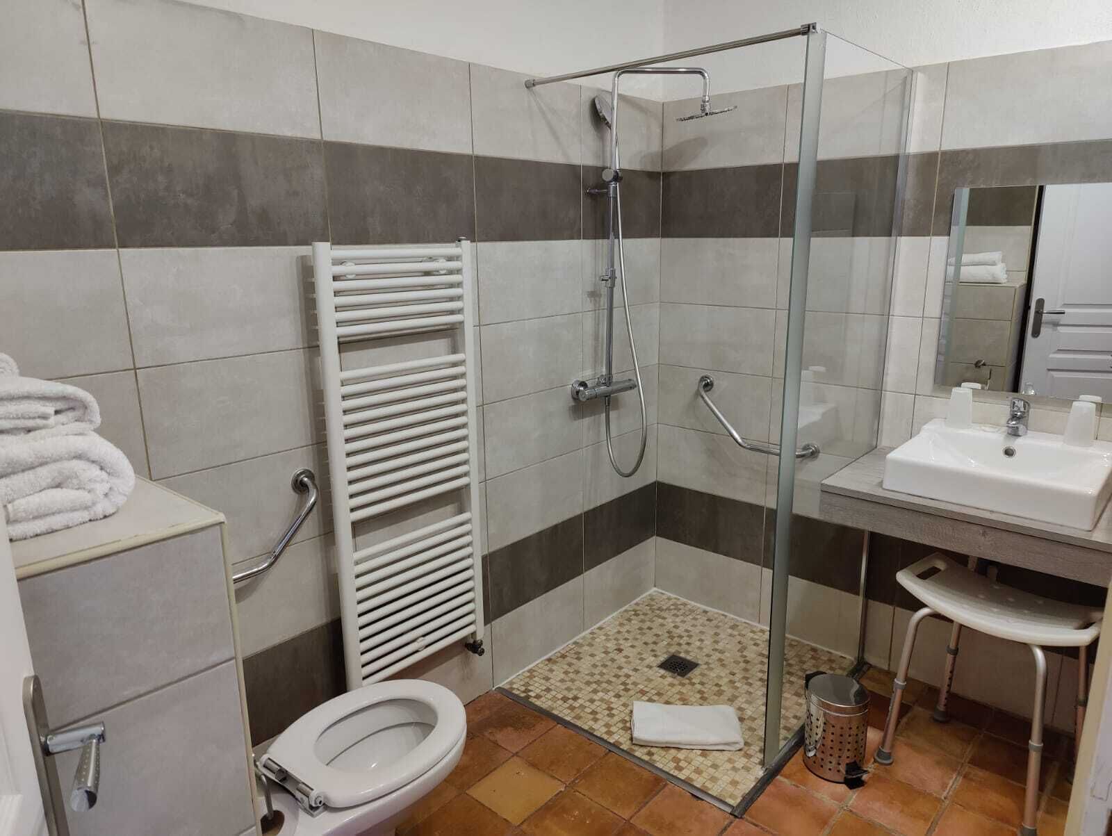A bathroom with a glass shower enclosure, a white toilet, a sink with a mirror, and a towel rack.