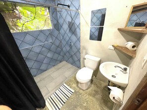 Shower, towels, soap, toilet paper