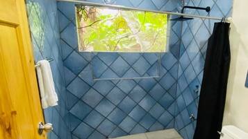 Shower, towels, soap, toilet paper