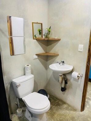 Shower, towels, soap, toilet paper