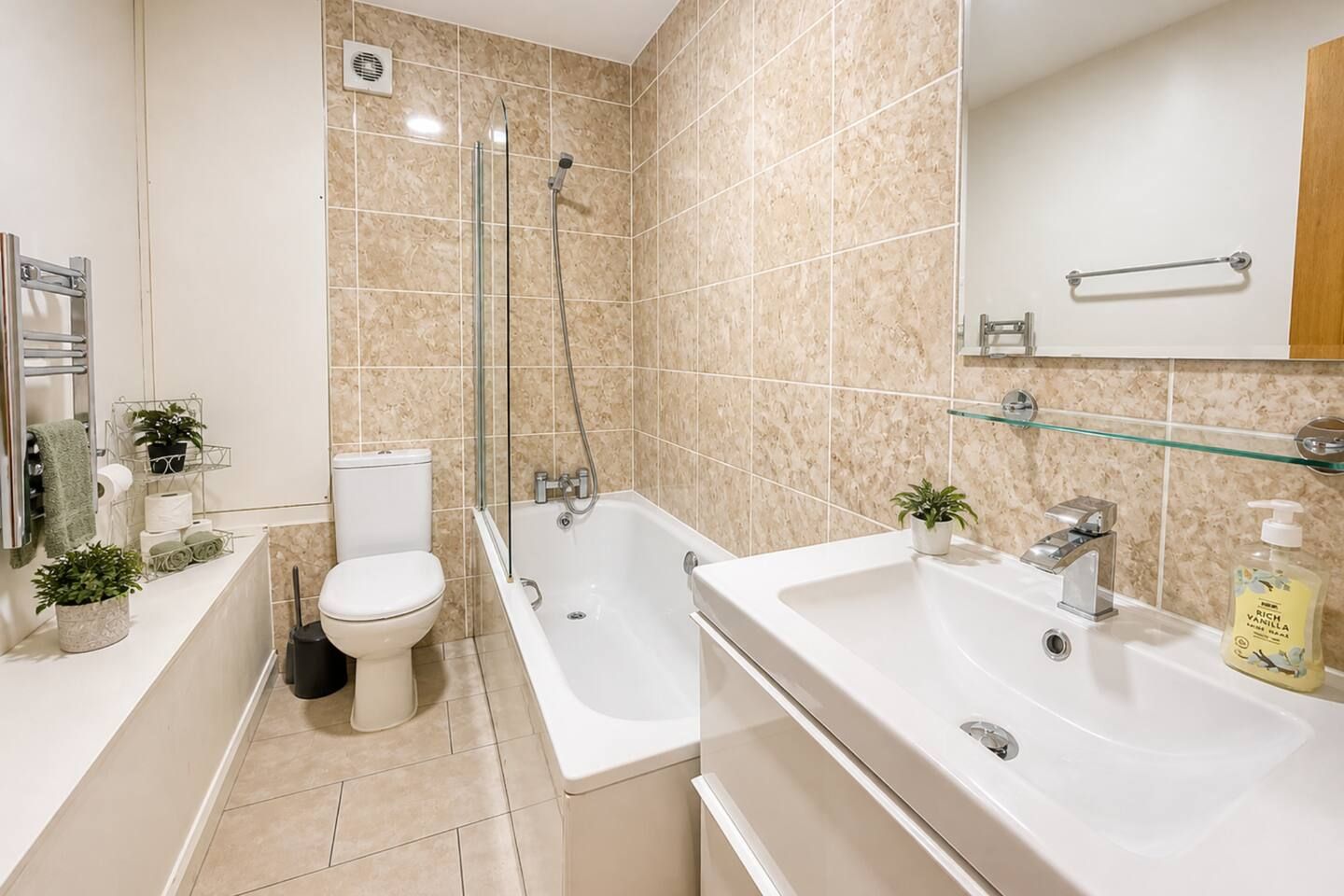 Eco-friendly toiletries, hair dryer, towels, soap