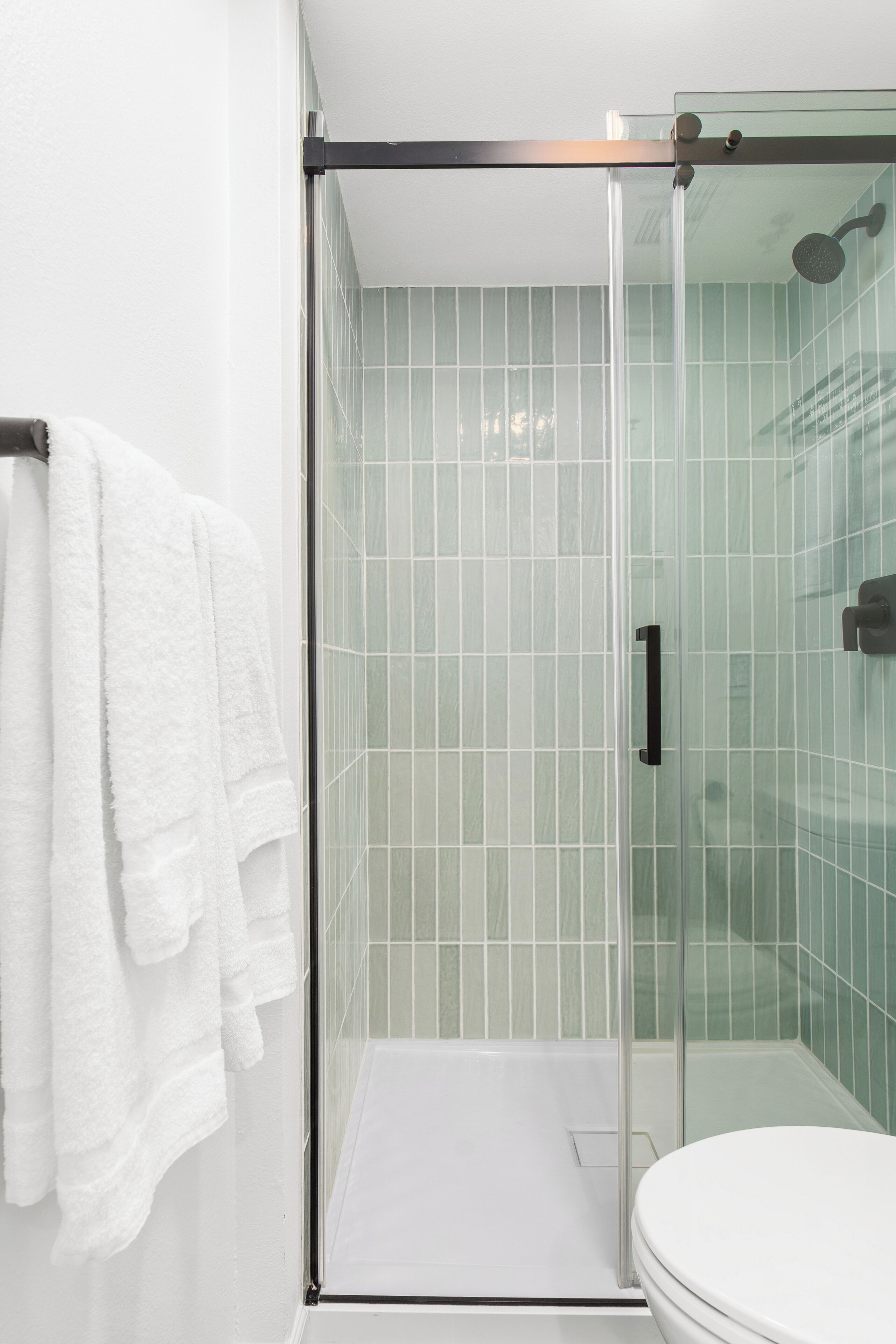A glass-enclosed shower with a white tiled wall and a white toilet.