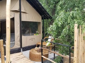 A tented accommodation with a view of bamboo trees, a wicker chair, and a small table with a basket. - Refugio 31 (Partido de Tigre)