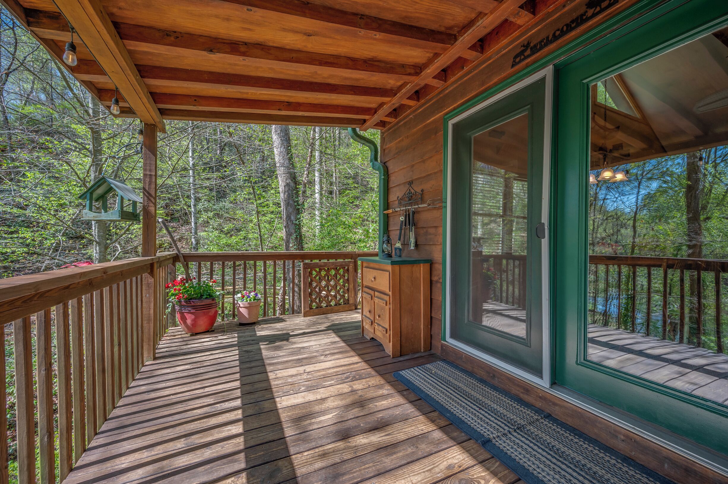 A wooden deck with a green door, potted plants, and a birdhouse.