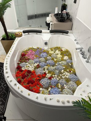 Tina de hidromasaje, secadora de cabello, toallas, jabón 