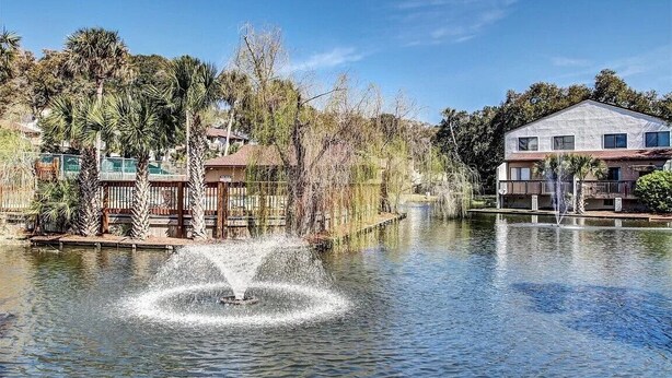 Un espace aquatique paisible, agrémenté d’une fontaine au centre, entouré d’une terrasse en bois et de palmiers.