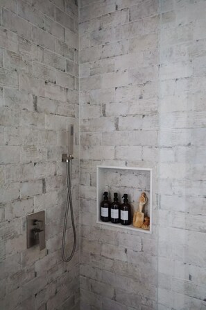 Douche, séchoir à cheveux, serviettes fournies, savon