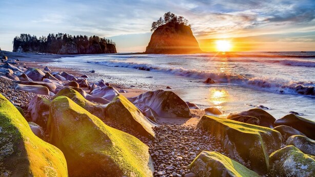 A rocky shoreline with a prominent rock formation and a forested cliff in the background. - Private Getaway Near Beaches & Downtown Tacoma! (Tacoma)