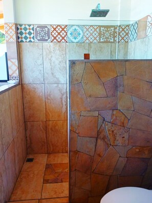 Shower, towels, soap, toilet paper